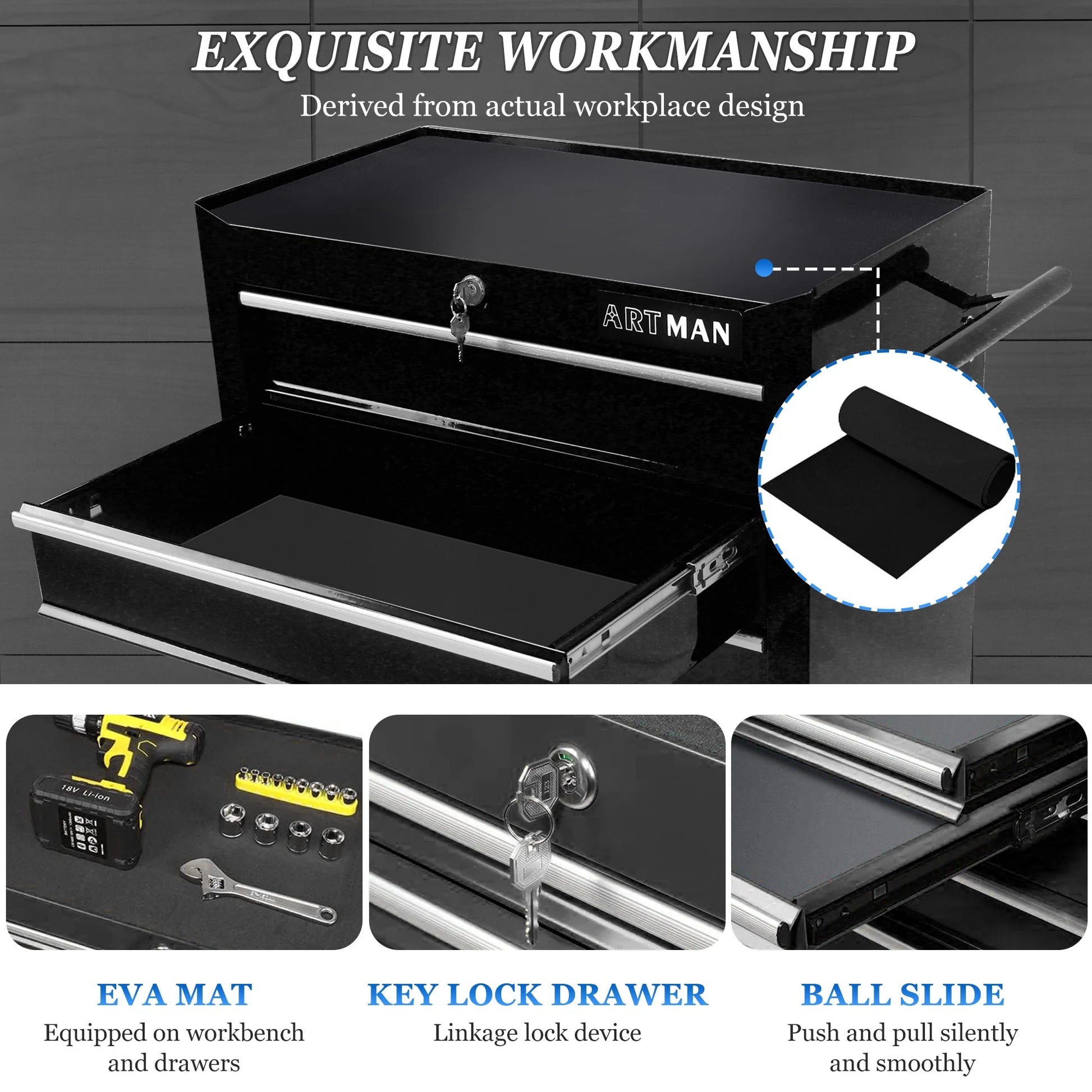 Tool Chest on Wheels, 5-Drawer Rolling Tool Box with Workbench Top, Multifunctional Tool Storage Organizer for Garage, Warehouse, Workshop