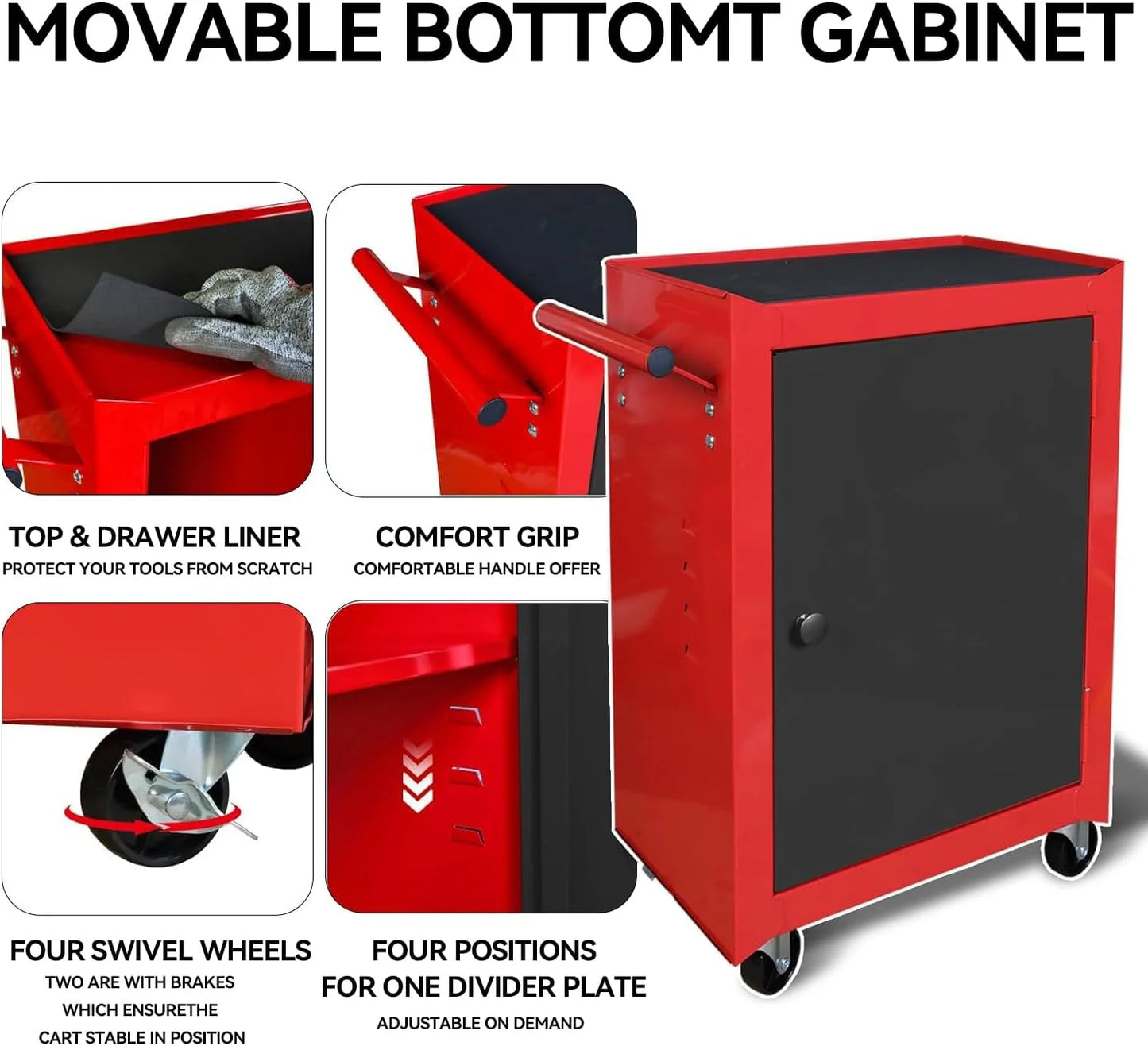 HPDAVV Detachable 3 Drawer Tool Chest Large Storage Cabinet and Adjustable Shelf Red