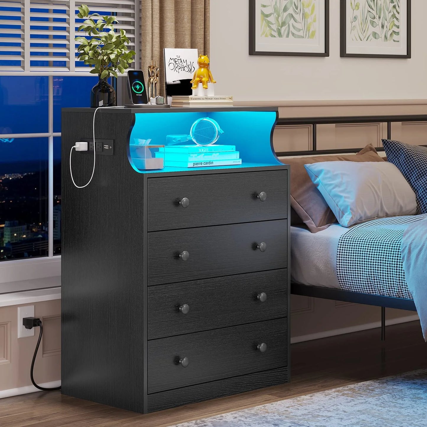 EPHEX 4 Drawers Dresser for Bedroom with Charging Station, Chest of Drawers with Open Space, Large Capacity Storage Cabinet, White
