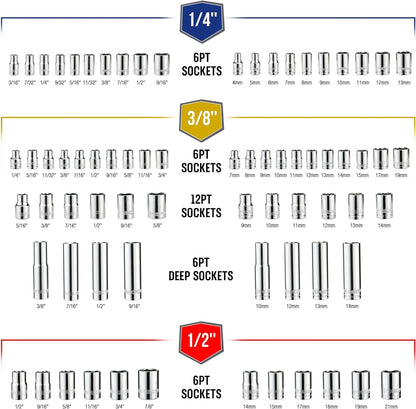 WORKPRO Mechanics Tools Kit and Socket Set, 192-Piece, SAE& Metric, 1/2'', 1/4'', 3/8'' Drive Socket Ratchet Wrench Set with Molded Case