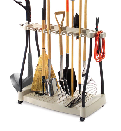 Suncast Outdoor Lawn and Garden Tool Rack with Wheels, Light Taupe