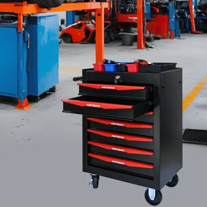 POVANLI 7 Drawer Portable Tool Box With Wheels,20" Tool Chest With Key Locking Tool Boxes/Organizers Black& Red