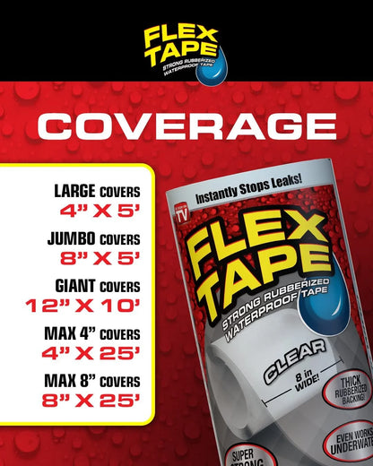 Flex Tape, MAX, 8 in x 25 ft, Black, Original Thick Flexible Rubberized Waterproof Tape - Seal and Patch Leaks, Works Underwater, Indoor Outdoor Projects - Home RV Roof Plumbing and Pool Repairs