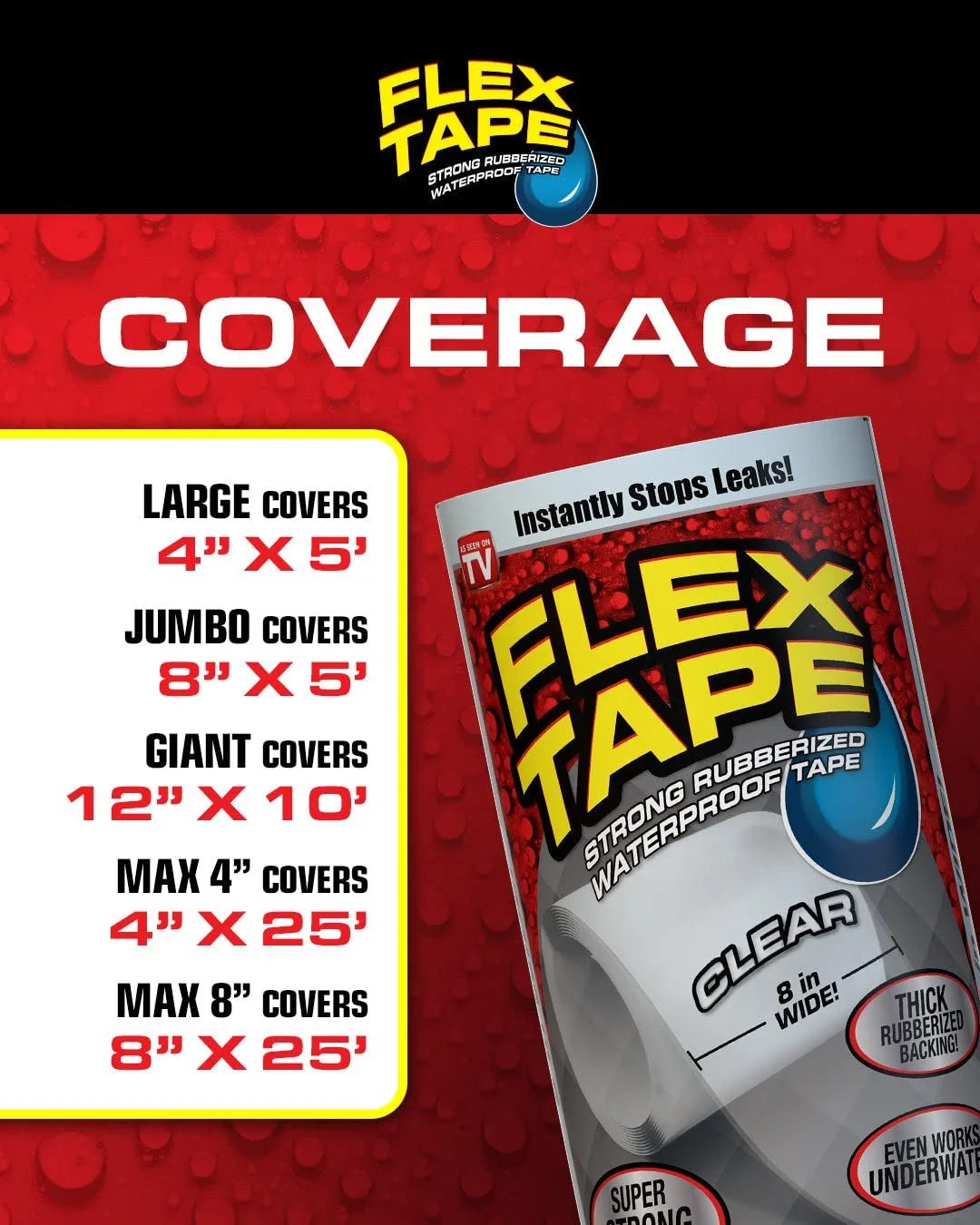 Flex Tape, MAX, 8 in x 25 ft, Black, Original Thick Flexible Rubberized Waterproof Tape - Seal and Patch Leaks, Works Underwater, Indoor Outdoor Projects - Home RV Roof Plumbing and Pool Repairs