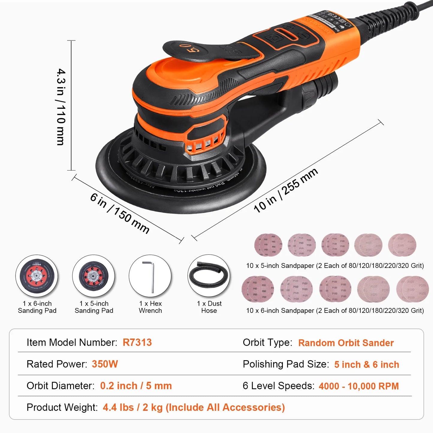 KFFKFF Dual-Size Orbital Sander,5 & 6-Inch,350W Brushless,10,000 PRM with 6 Adjustable Speeds, Electric Hand Sander.Comes with 20 Sandpapers,Dust Connector & Hose. Ideal for Detailed Woodwork Sanding