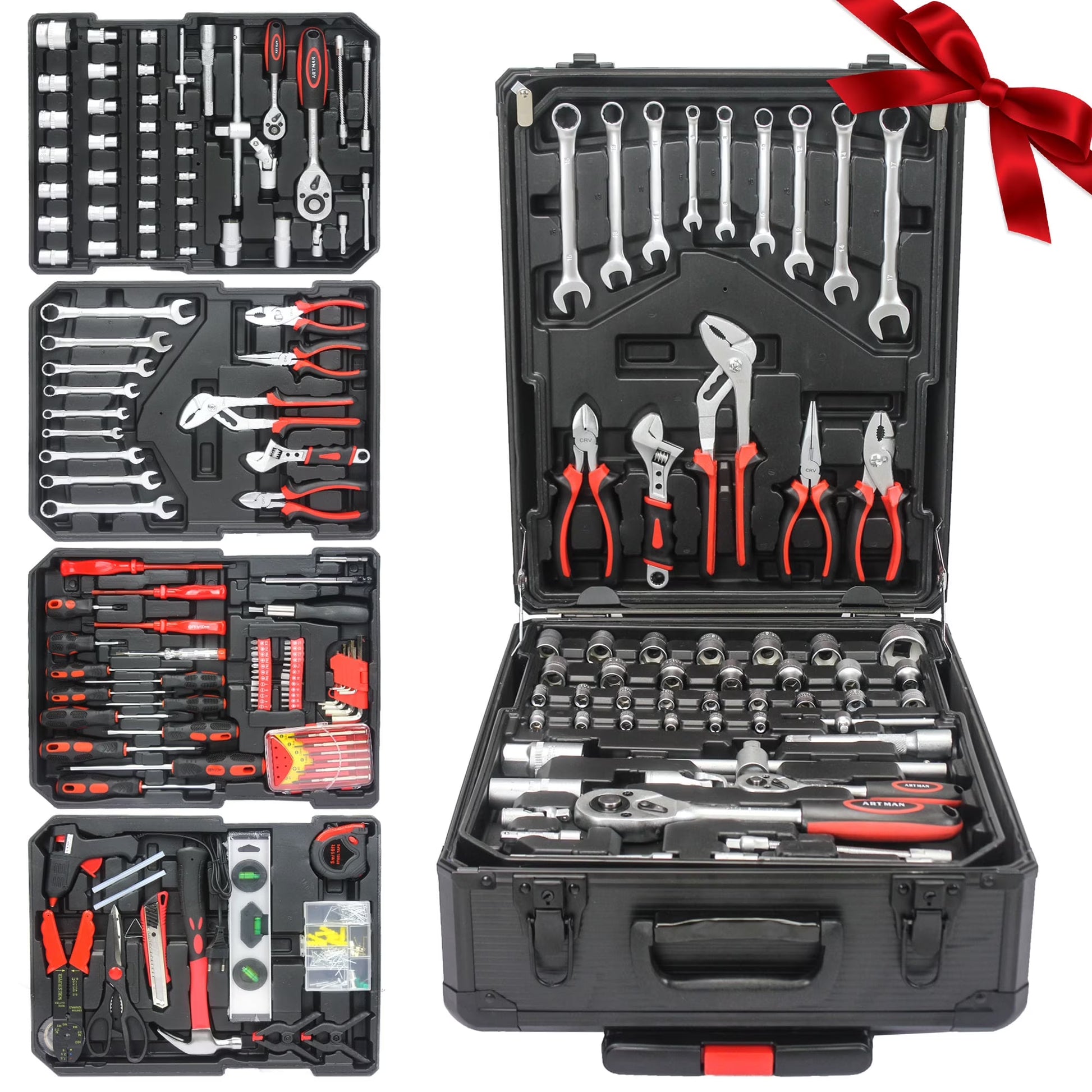 799 Pieces Professional Mechanics Hand Tool Set, Mobile Tool box on Wheels W/Ratchets& Socket, Screwdriver, Tongs, 4-layer Tool Case & Tool Kit, Silver