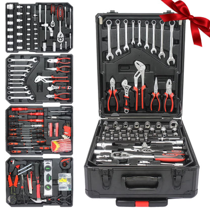 799 Pieces Professional Mechanics Hand Tool Set, Mobile Tool box on Wheels W/Ratchets& Socket, Screwdriver, Tongs, 4-layer Tool Case & Tool Kit, Silver
