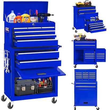 POVANLI High Capacity Rolling Tool Box with Wheels and 8 Drawers, Wheels Lockable, 2-IN-1 Tool Chest & Cabinet, Organizer, for Garages, Warehouses, Workshops, Repair Shops, Orange