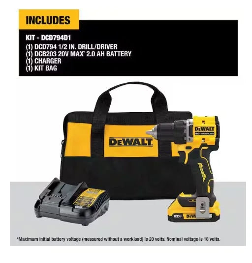 VSM DEWALT ATOMIC 20-Volt Lithium-Ion Cordless Compact 1/2 in. Drill/Driver Kit with 2.0Ah Battery, Charger and Bag