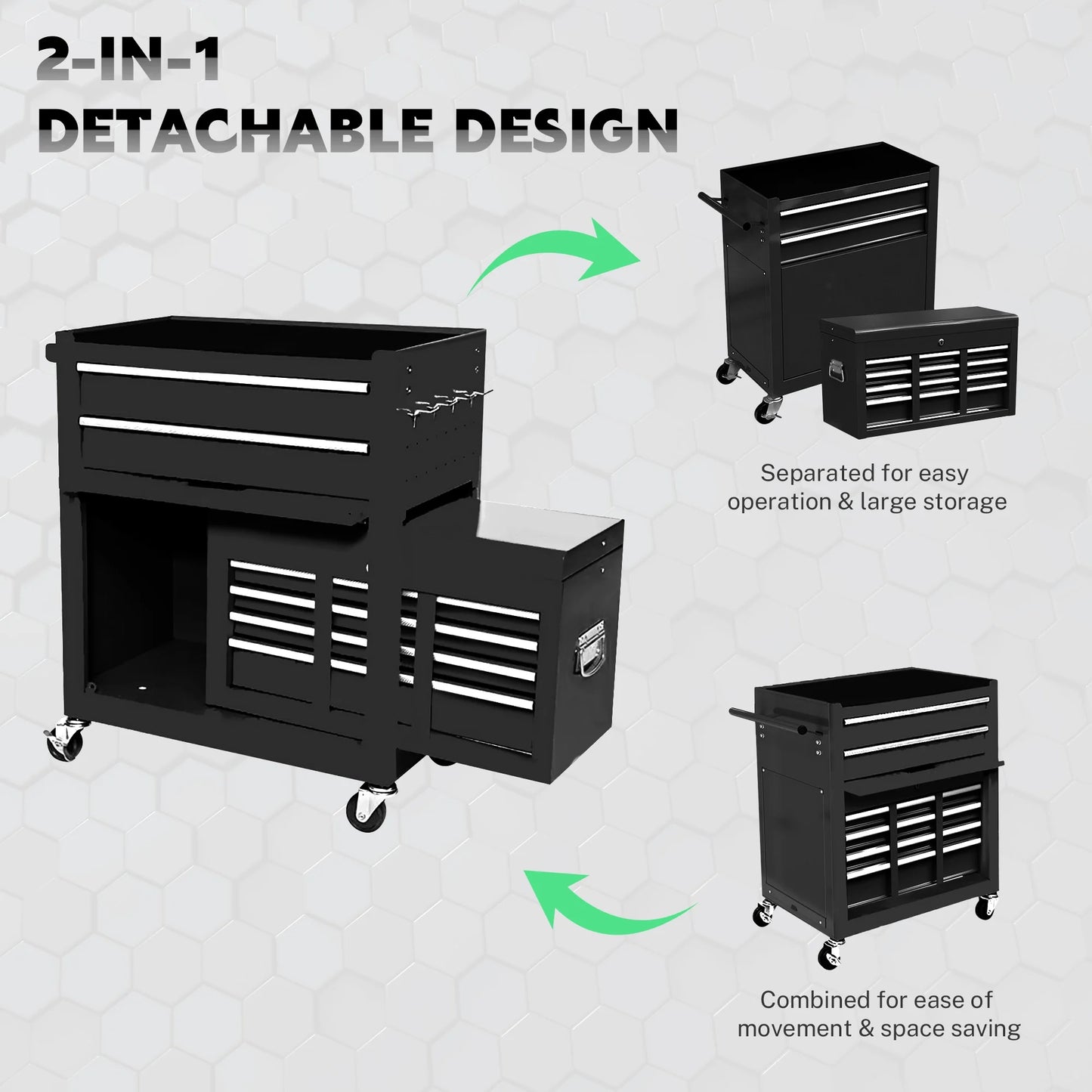 Seizeen 2-IN-1 Tool Chest & Cabinet, Large Capacity 8-Drawer Rolling Tool Box Organizer with Wheels Lockable, Black