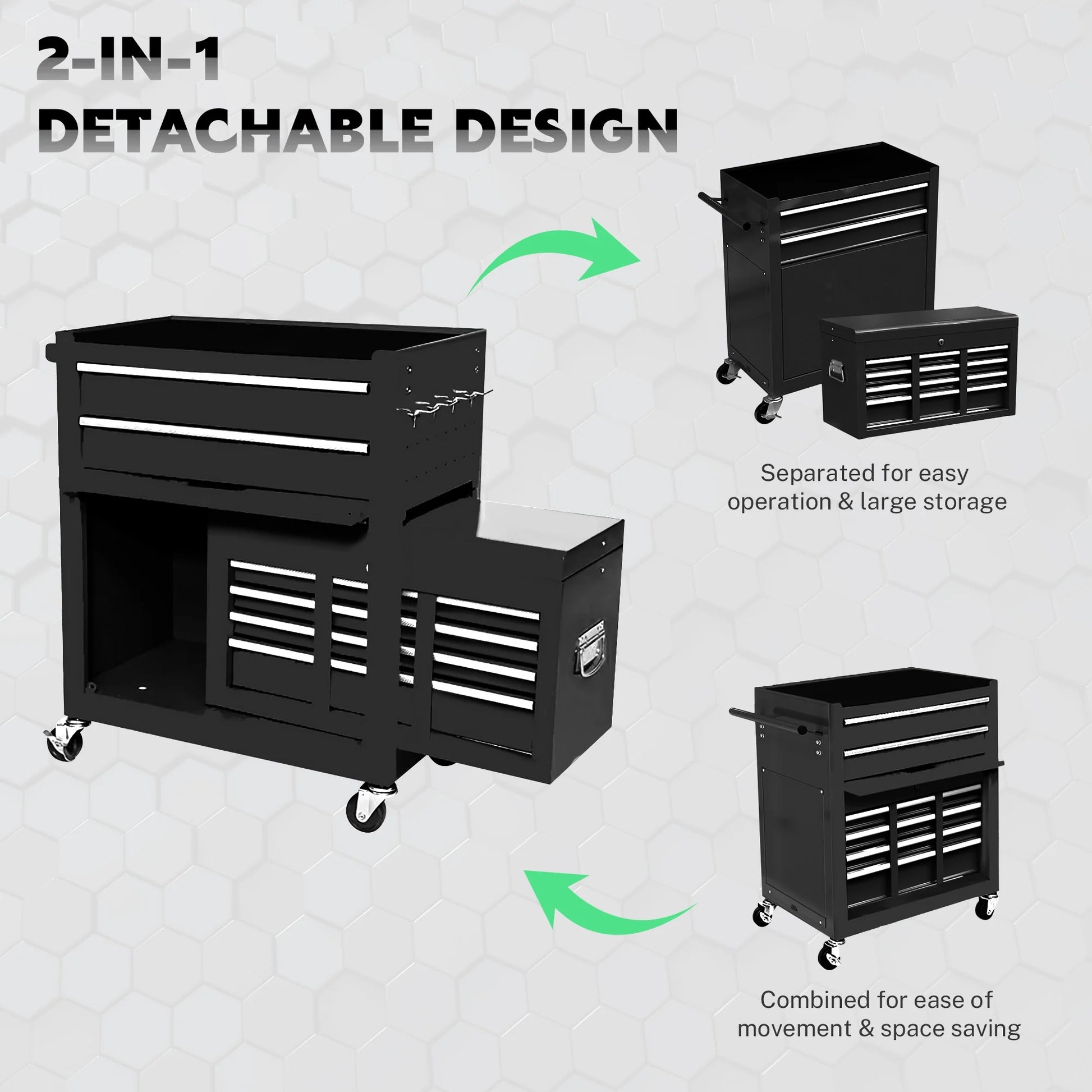 Seizeen 2-IN-1 Tool Chest & Cabinet, Large Capacity 8-Drawer Rolling Tool Box Organizer with Wheels Lockable, Black