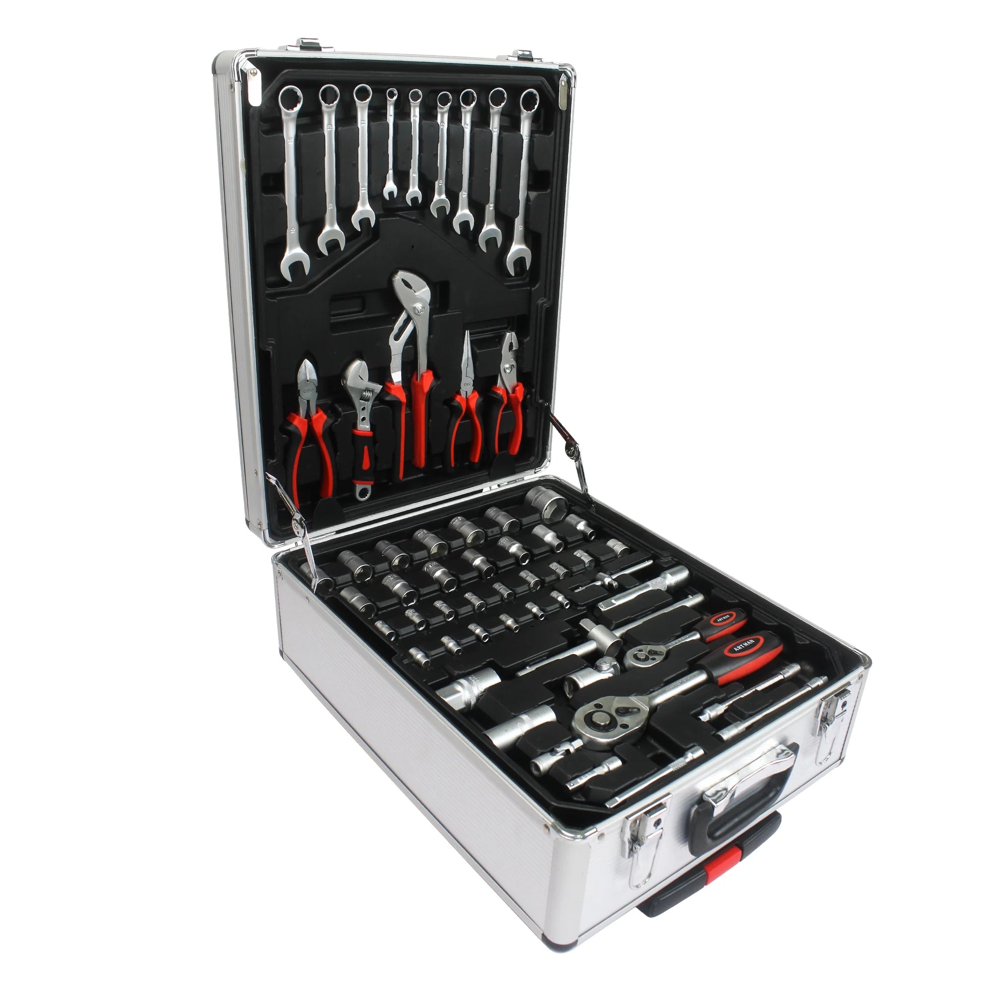 Seizeen 899PCS Tool Set Professional, Mobile Tool box on Wheels with Handle, Mechanics Tool Set W/Hand Tool, Ratchets& Socket Set, Screwdriver Set, 4-layer Tool Case & Tool Kit COMB, Silver