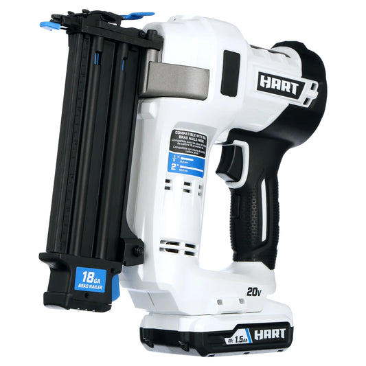 HART 20 Volt 18-Gauge 2-inch Brad Nailer Kit and Stack 12-inch Tool Bag (1) and 20 Volt 1.5Ah Battery