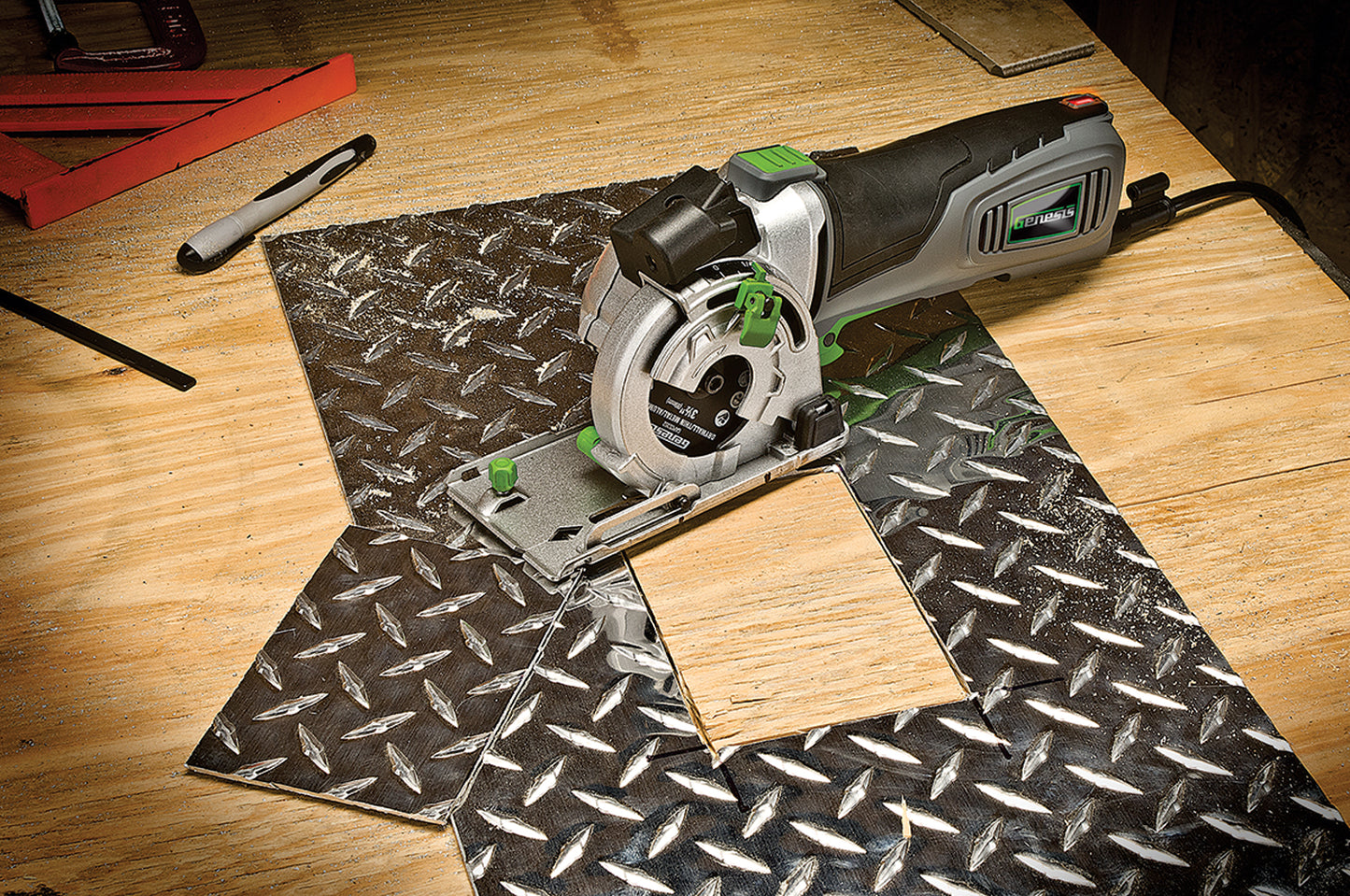 Genesis 3-1/2 in. Plunge Circular Saw Kit with Laser, Accessory Bag, Rip Guide, Miter Base, Vacuum Adapter, Diamond Blade, 44T and 24T blades