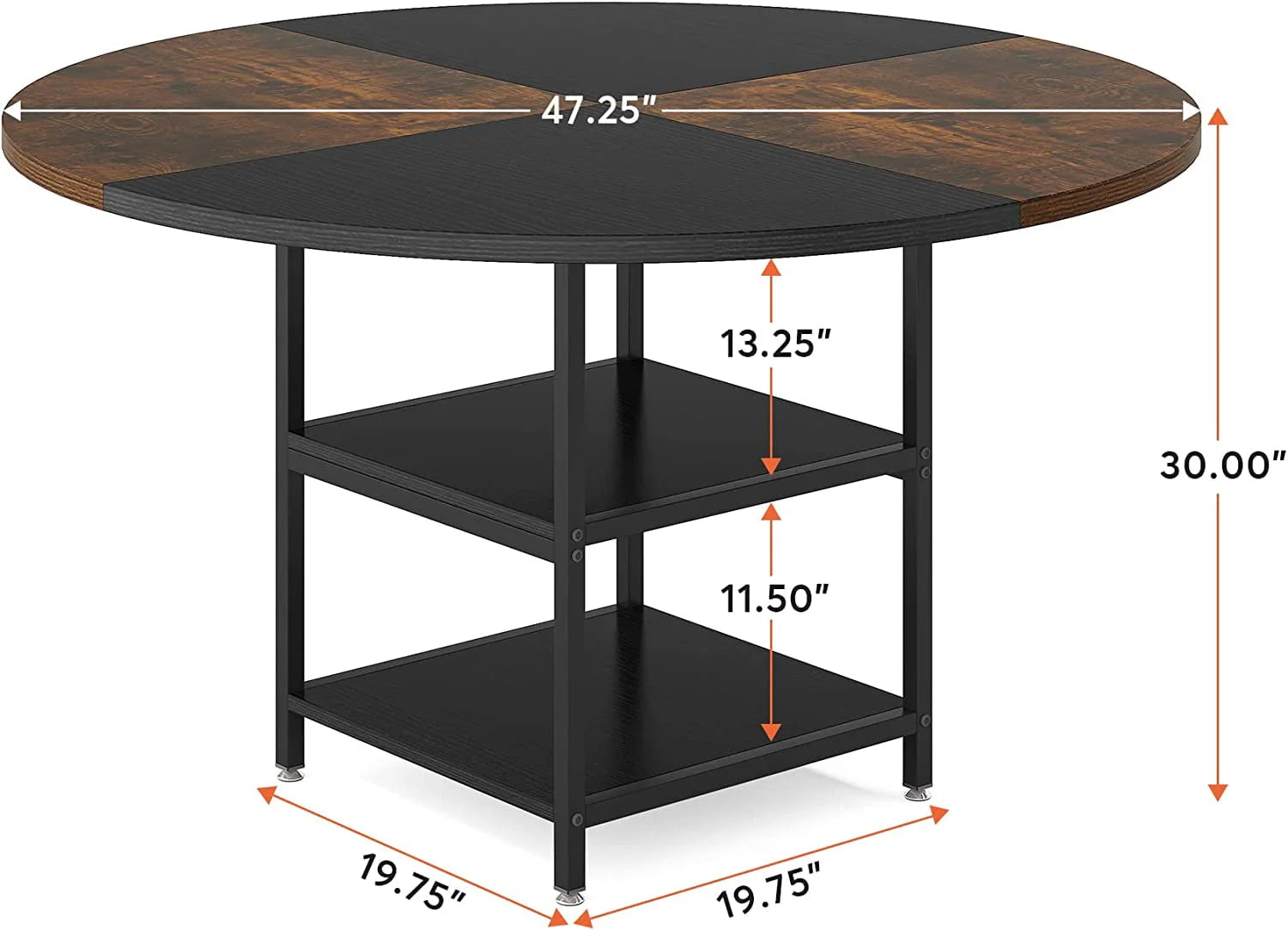 Tribesigns Round Dining Table for 4, 47" Kitchen Table Small Dinner Table with Storage Shelf, Rustic Brown & Black