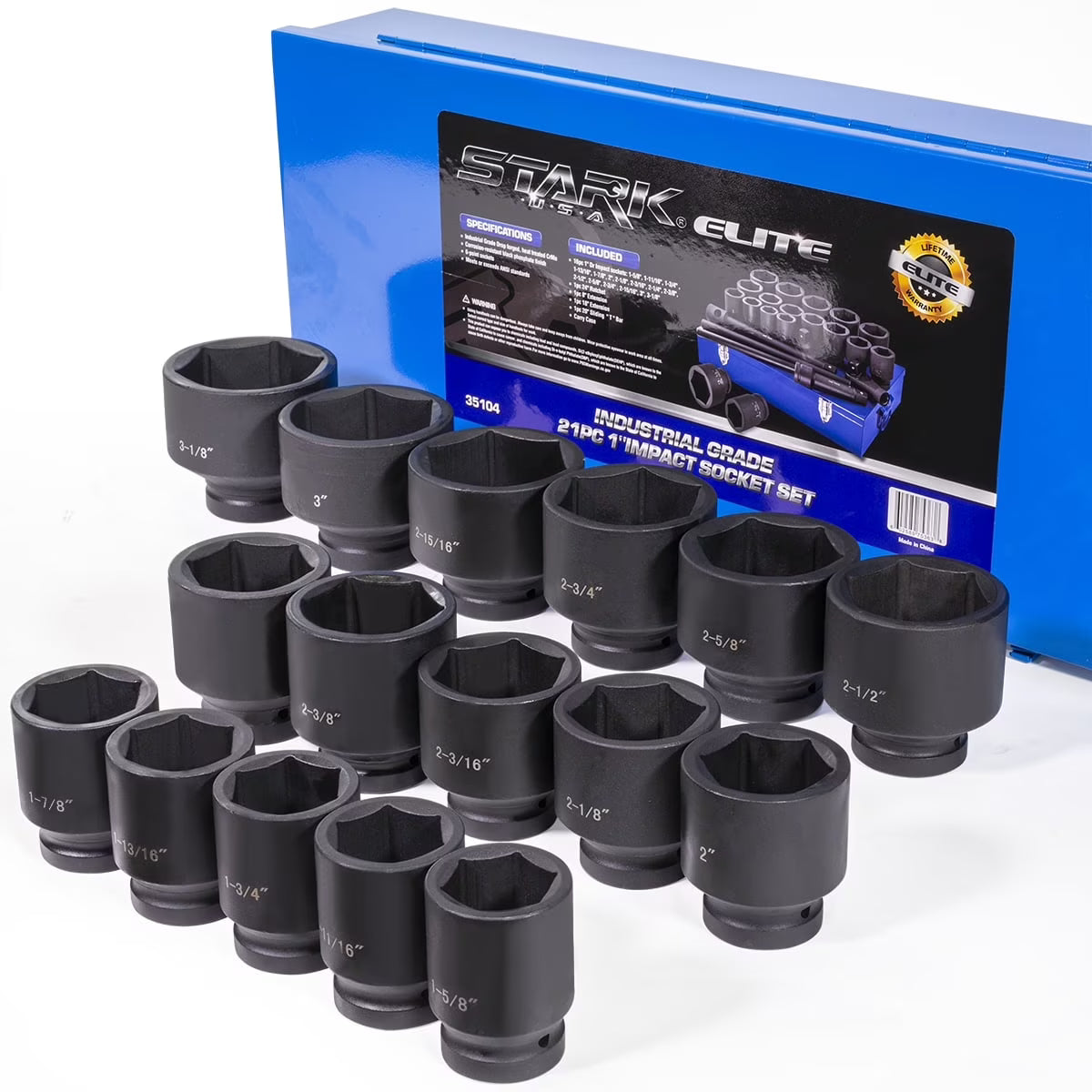 Stark USA 1" Drive 21PC Deep Impact Jumbo Socket Set, 6 Point MM, 27mm - 80mm, CrMo Steel