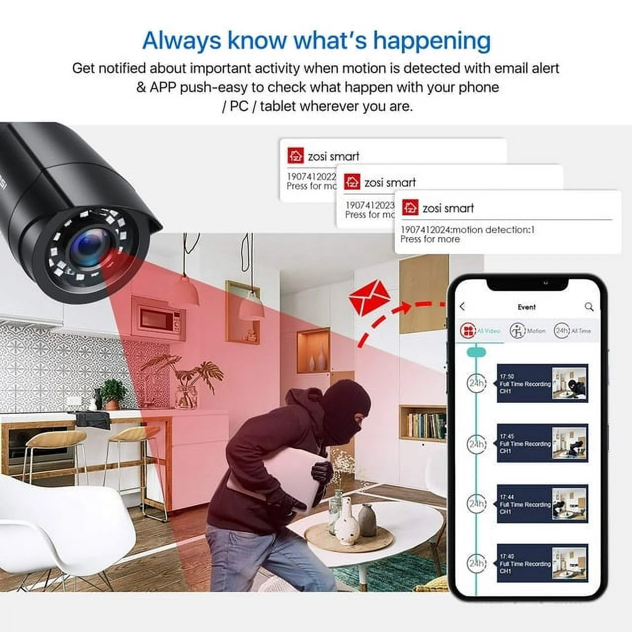 ZOSI H.265+ 8CH 5MP Lite DVR 1080P Home Security Camera System Outdoor, 8pcs 1080P 1920TVL Surveillance Weatherproof Bullet Cameras,80ft IR Night Vision,Motion Alert,Remote Access(No HDD , Wired)