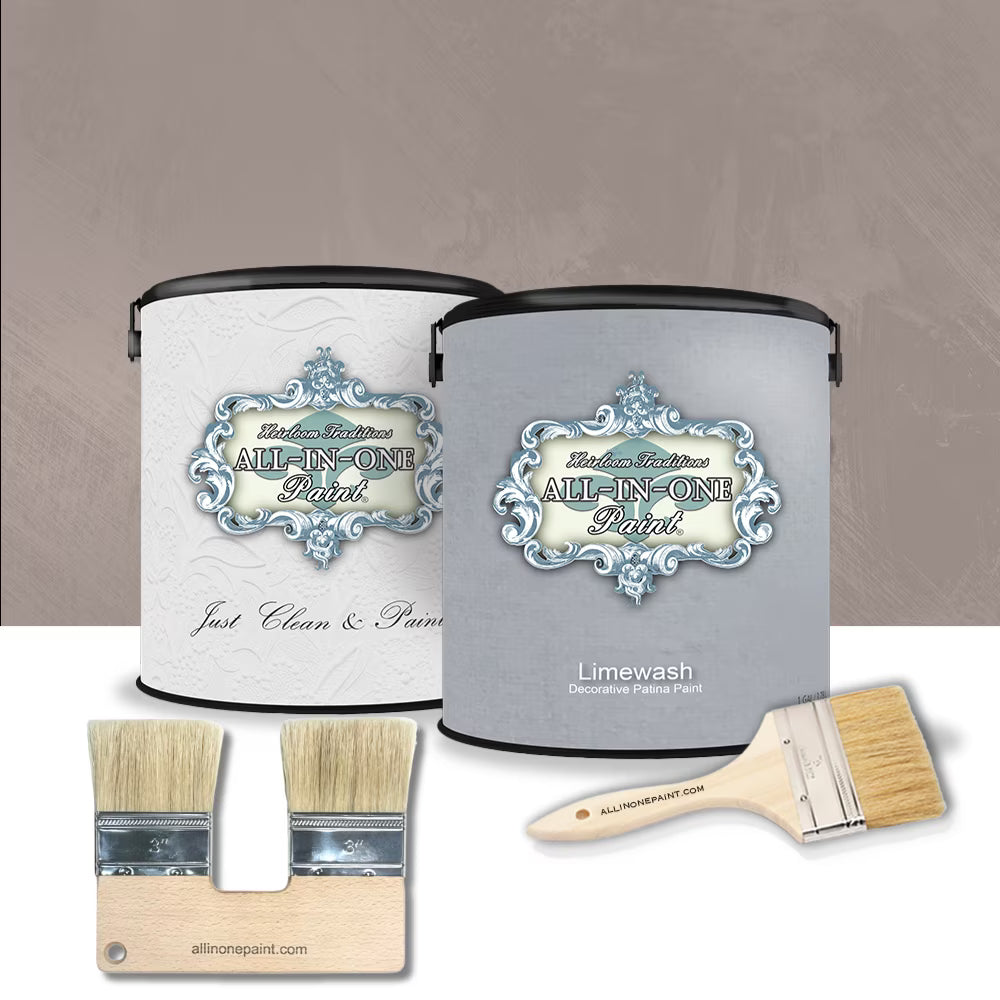 ALL-IN-ONE Limewash Paint, 2 Quart Paint Bundle and Tool Kit - Faux Lime Wash Effect, Matte Suede Wall Treatment - Haven (heathered, muted blue)