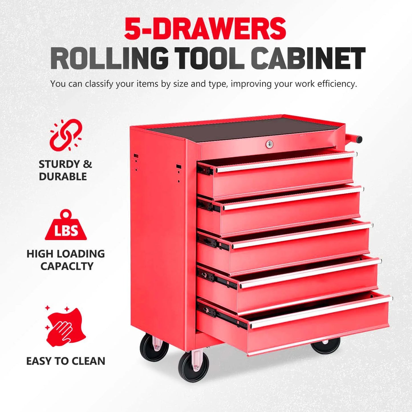 POVANLI 5 Drawers Rolling Tool Chest Cabinet with Wheels, Tool Storage Cabinet and Tool Box Organizer for Garage Warehouse Workshop, Black