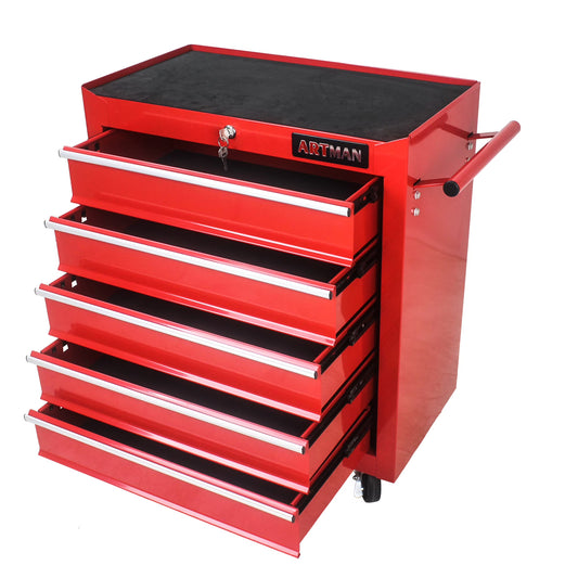 5-Drawer Rolling Tool Chest on Wheels, 24-inch Tool Storage Cabinet with Locking System for Garage Workshop Warehouse Repair Shop, Red