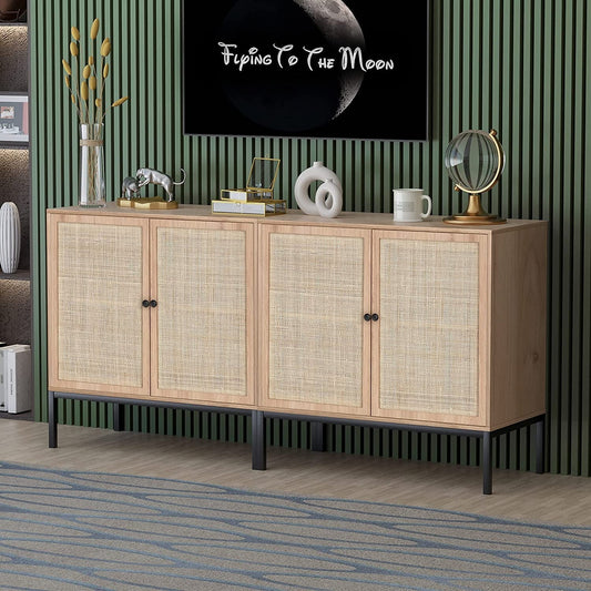 Buffet Sideboard Cabinets with Handmade Natural Rectangle Rattan Doors Set of 2, Accent Oak Color Entryway Chest Console Table with Storage Cabinet for Dining Room, Living Room, Kitchen