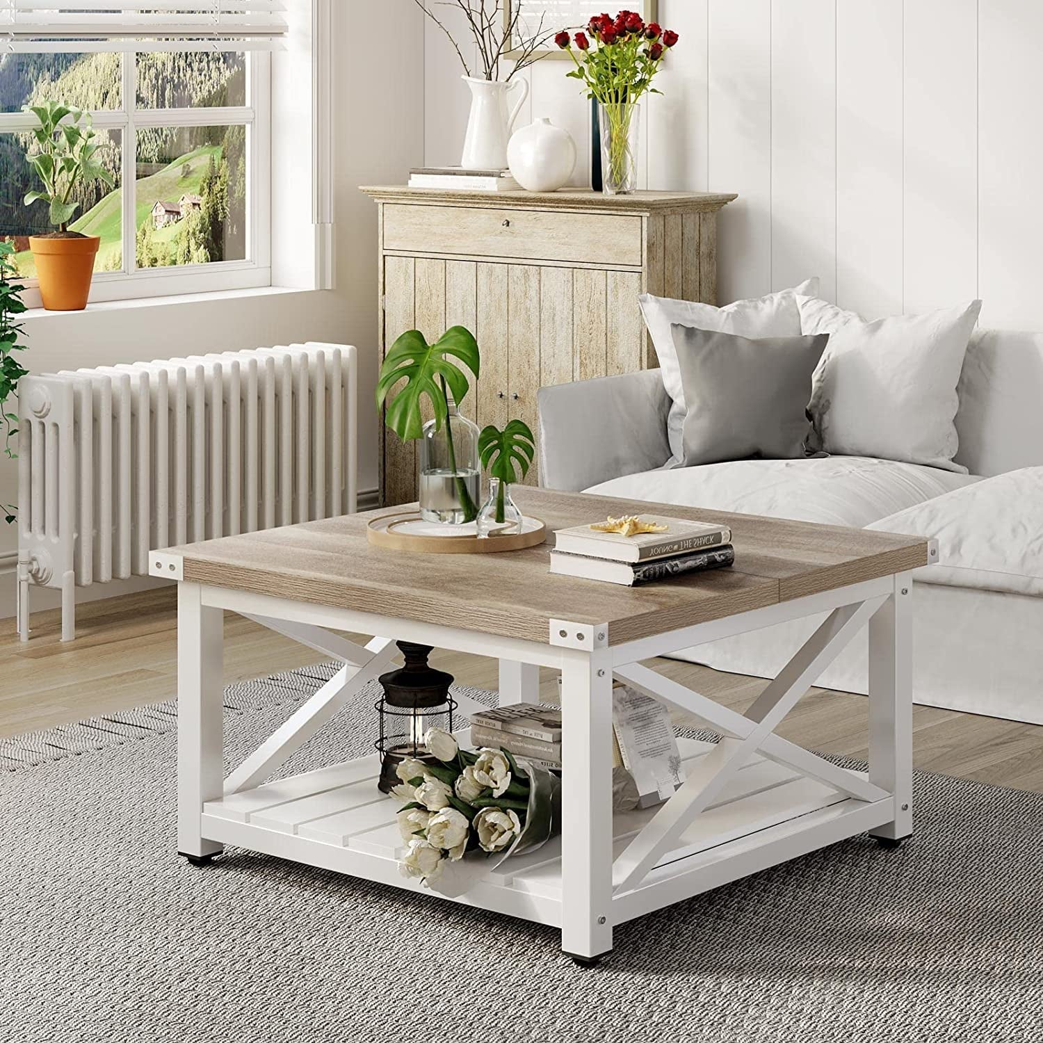 Dextrus Farmhouse Coffee Table Square Wood Center Table End Table with Open Storage Shelf for Living Room, Gray Wash
