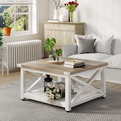 Dextrus Farmhouse Coffee Table Square Wood Center Table End Table with Open Storage Shelf for Living Room, Gray Wash