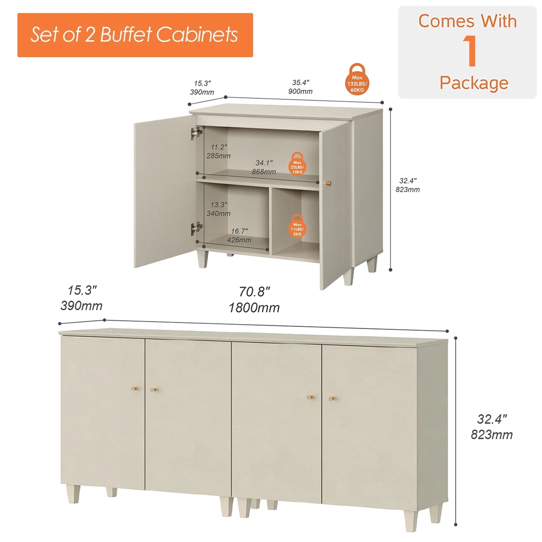 Sideboard Buffet Server Cabinets with Doors, 70.8" Kitchen Wood Coffee Bar Table, 2 -In-1 Storage Cabinets with 6 Compartments for Dining Room, Living Room, Entryway, Beige Faux Linen Textured Finish