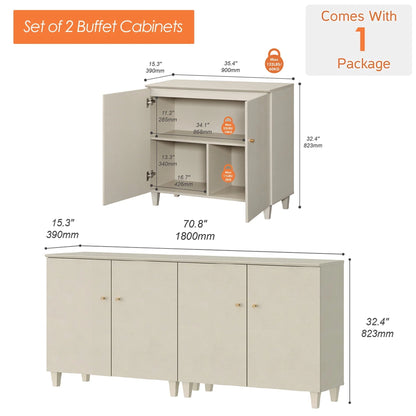 Sideboard Buffet Server Cabinets with Doors, 70.8" Kitchen Wood Coffee Bar Table, 2 -In-1 Storage Cabinets with 6 Compartments for Dining Room, Living Room, Entryway, Beige Faux Linen Textured Finish