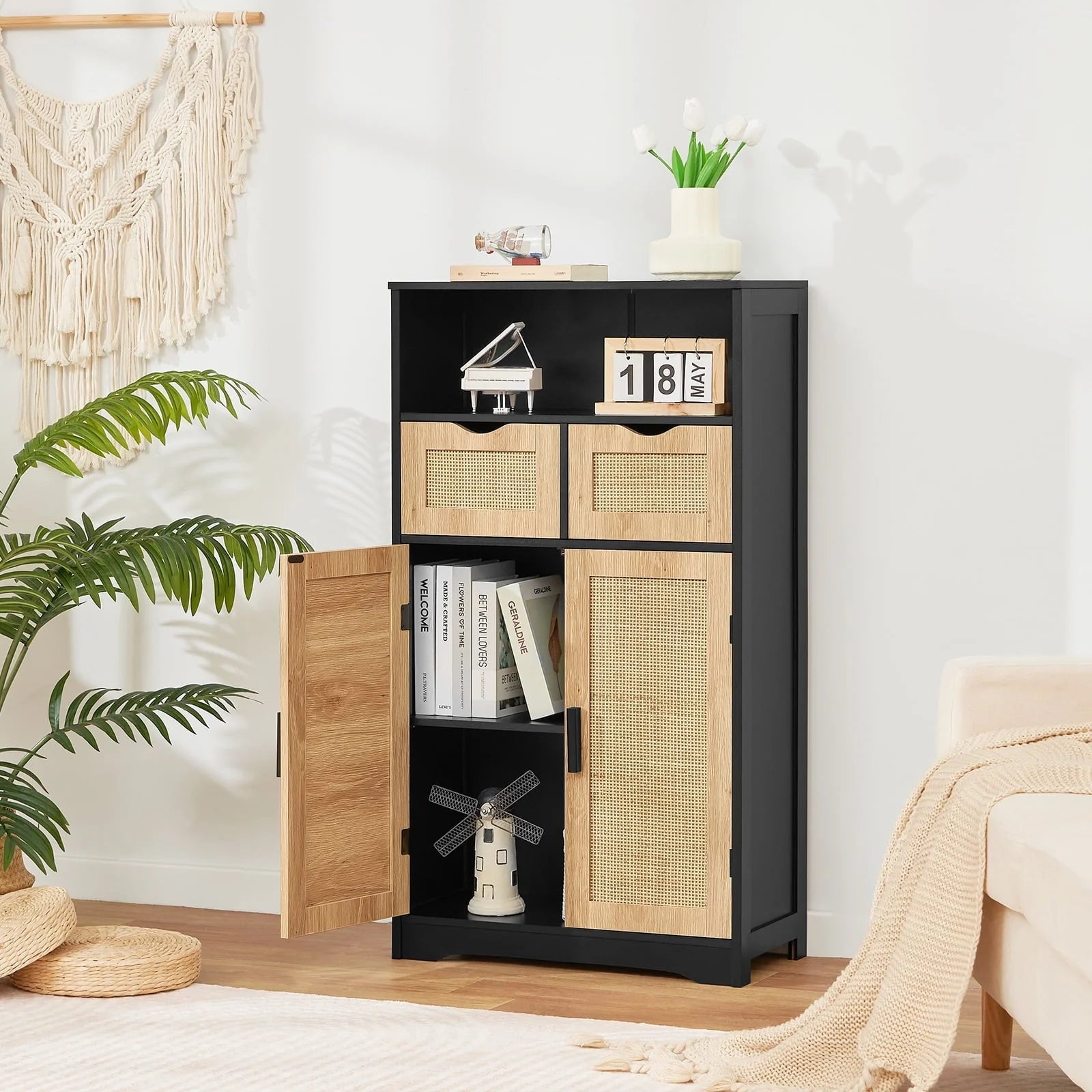 Iwell Rattan Storage Cabinet with 2 Drawers & 2 Shelves, Floor Cabinet for Living Room