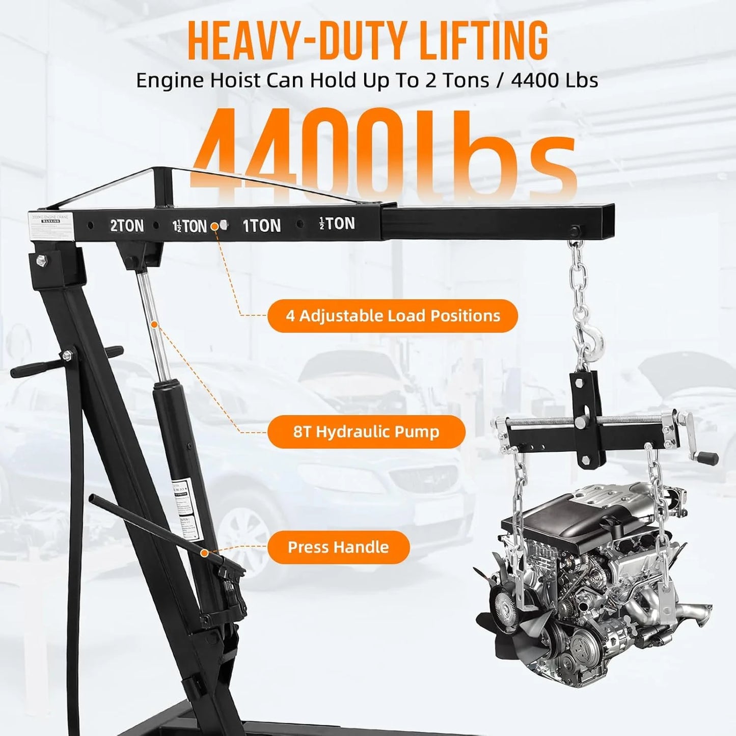 Mescukay 2 Ton Engine Hoist with Lever, 4000 lbs Heavy Duty Folding Cherry Picker Engine Lift Hydraulic Tilting Engine Shop Crane with 6 Iron Caster Wheels Telescopic Boom Hitch