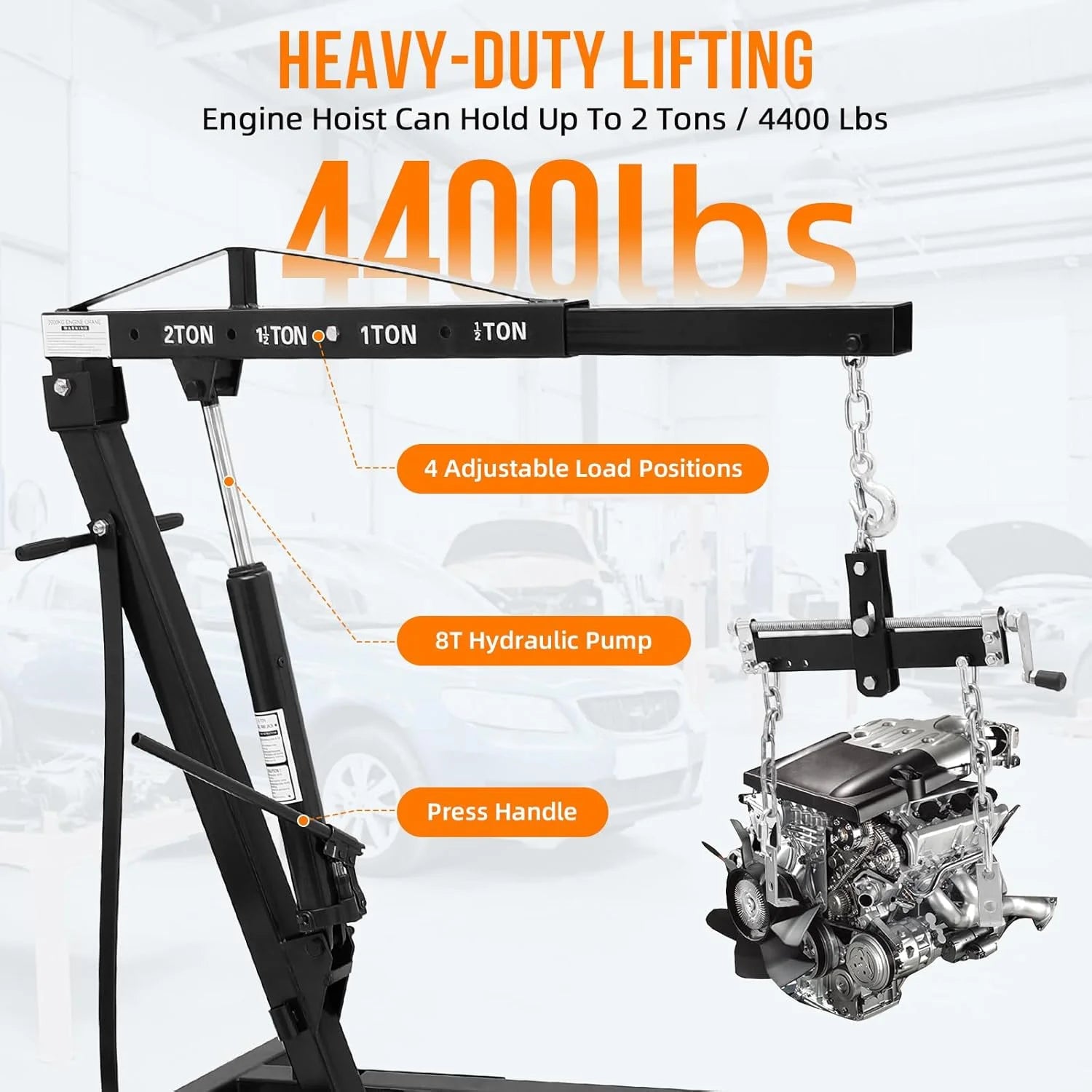 Mescukay 2 Ton Engine Hoist with Lever, 4000 lbs Heavy Duty Folding Cherry Picker Engine Lift Hydraulic Tilting Engine Shop Crane with 6 Iron Caster Wheels Telescopic Boom Hitch