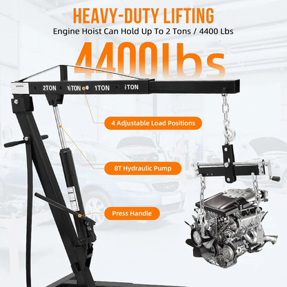 Mescukay 2 Ton Engine Hoist with Lever, 4000 lbs Heavy Duty Folding Cherry Picker Engine Lift Hydraulic Tilting Engine Shop Crane with 6 Iron Caster Wheels Telescopic Boom Hitch