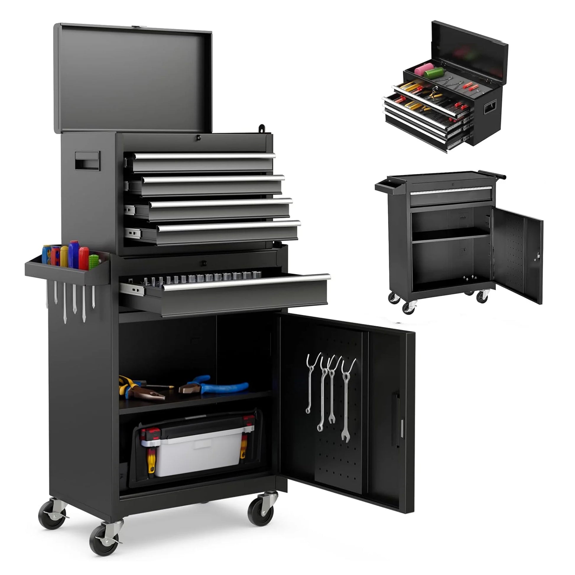Rolling Tool Box, 5-Drawer Tool Chest On Wheels, Heavy Duty Garage Storage Cabinet with Top Box, 154pcs tools, Detachable Tool Organizer Lockable