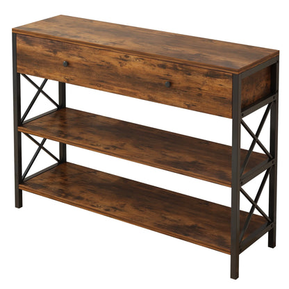 Ktaxon Industrial Console Table Sofa Table with Large Drawer and 2 Storage Shelves, Farmhouse Entryway Table for Living Room Hallway Bedroom, Rustic Brown