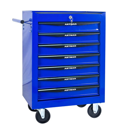 FARONZE Rolling Metal Tool Chest with 7 Drawers, 20" Steel Storage Cabinet with Ball Bearing Slides, Black and Blue Finish