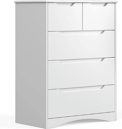 Dresser for Bedroom, Lofka 5 Storage Drawer Chest and Organizer with Cutout Handles for Bedroom, White