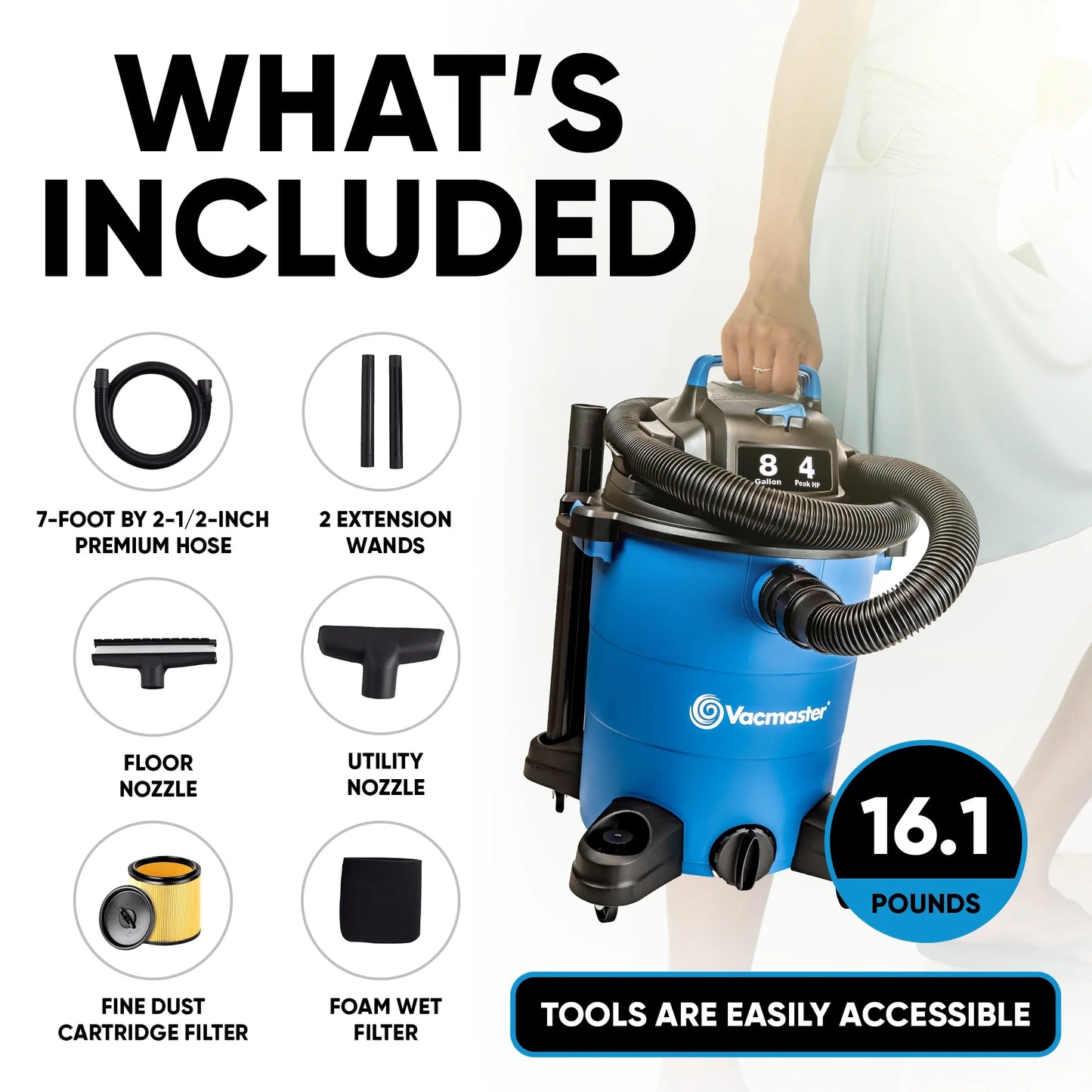 Vacmaster VOC809PF Wet Dry Vacuum, 8 Gallon Portable Lightweight with Powerful Suction for Wet and Dry Messes.
