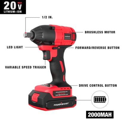 PowerSmart Brushless Cordless Impact Wrench 1/2 inch, 2.0Ah 20V Battery & Fast Charger Included