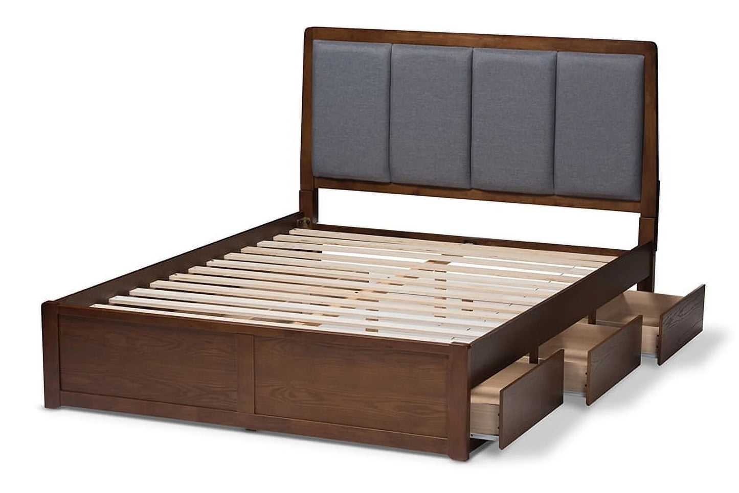 Baxton Studio Brannigan Modern and Contemporary Dark Grey Fabric Upholstered Walnut Finished Storage Platform Bed, Multiple Sizes