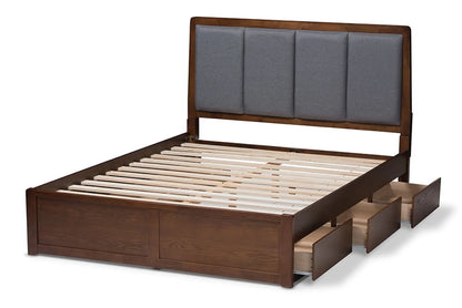 Baxton Studio Brannigan Modern and Contemporary Dark Grey Fabric Upholstered Walnut Finished Storage Platform Bed, Multiple Sizes