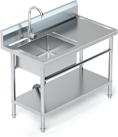 Stainless Steel Utility Sink kitchen Sink Free Standing Single Plumbing Workbench Storage Commercial Sink
