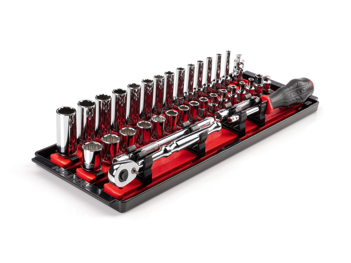 TEKTON 1/4 Inch Drive 12-Point Socket and Ratchet Set with Rails, 35-Piece (4-15 mm) | SKT03202