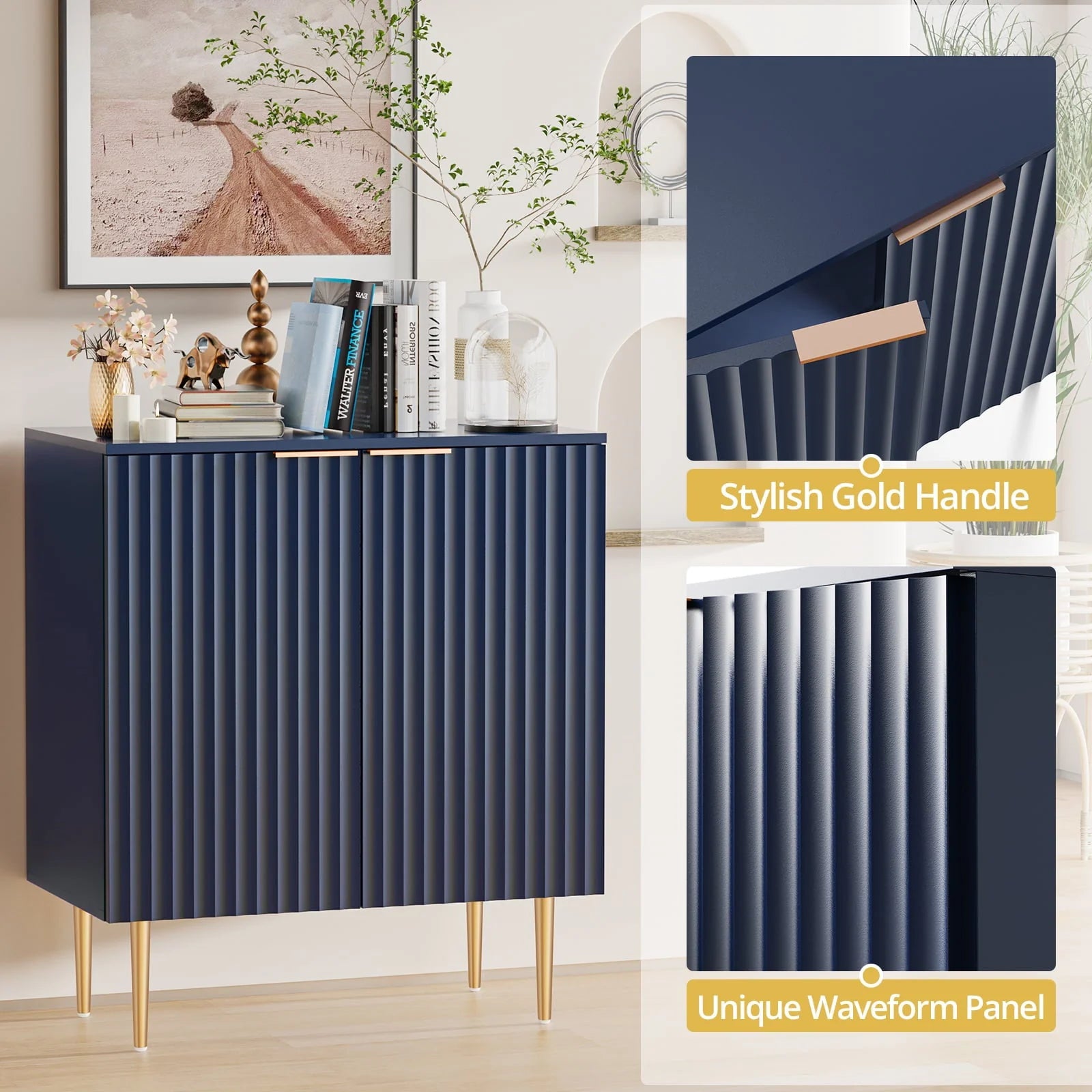 Boowill Sideboard Buffet Cabinet with Storage and Adjustable Shelves and Doors Kitchen Console Cabinet Blue Credenza Liquor Cabinets for Living Room, Office, Hallway