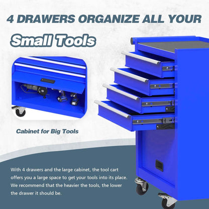 Aukfa Tool Chest, 24.5 in Steel Rolling Tool Box & Cabinet On Wheels for Garage, 4-Drawer, Blue