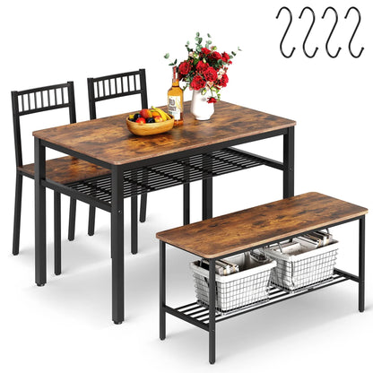 Winkalon Dining Table Set for 4,Wooden Kitchen Table Set with Storage Rack,1 Bench & 2 Chairs,Brown