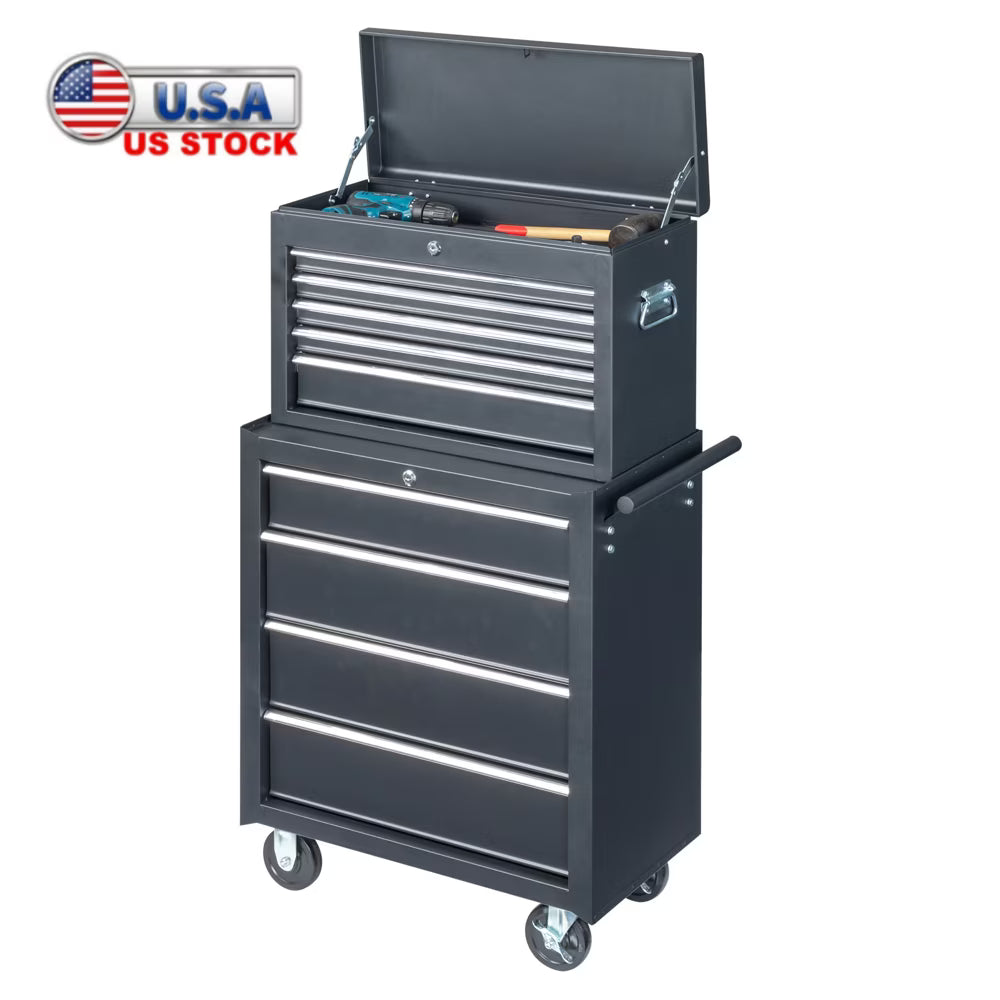 Tcbosik Combined Metal Tool Chest, 9 Drawers Rolling Tool Chest on Wheels, 2 in 1 Detachable Tool Cabinet for Warehouse Garage Workshop, Black