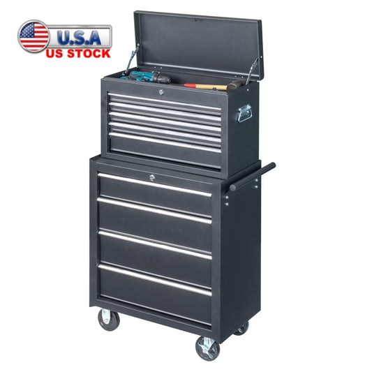 Tcbosik Combined Metal Tool Chest, 9 Drawers Rolling Tool Chest on Wheels, 2 in 1 Detachable Tool Cabinet for Warehouse Garage Workshop, Black