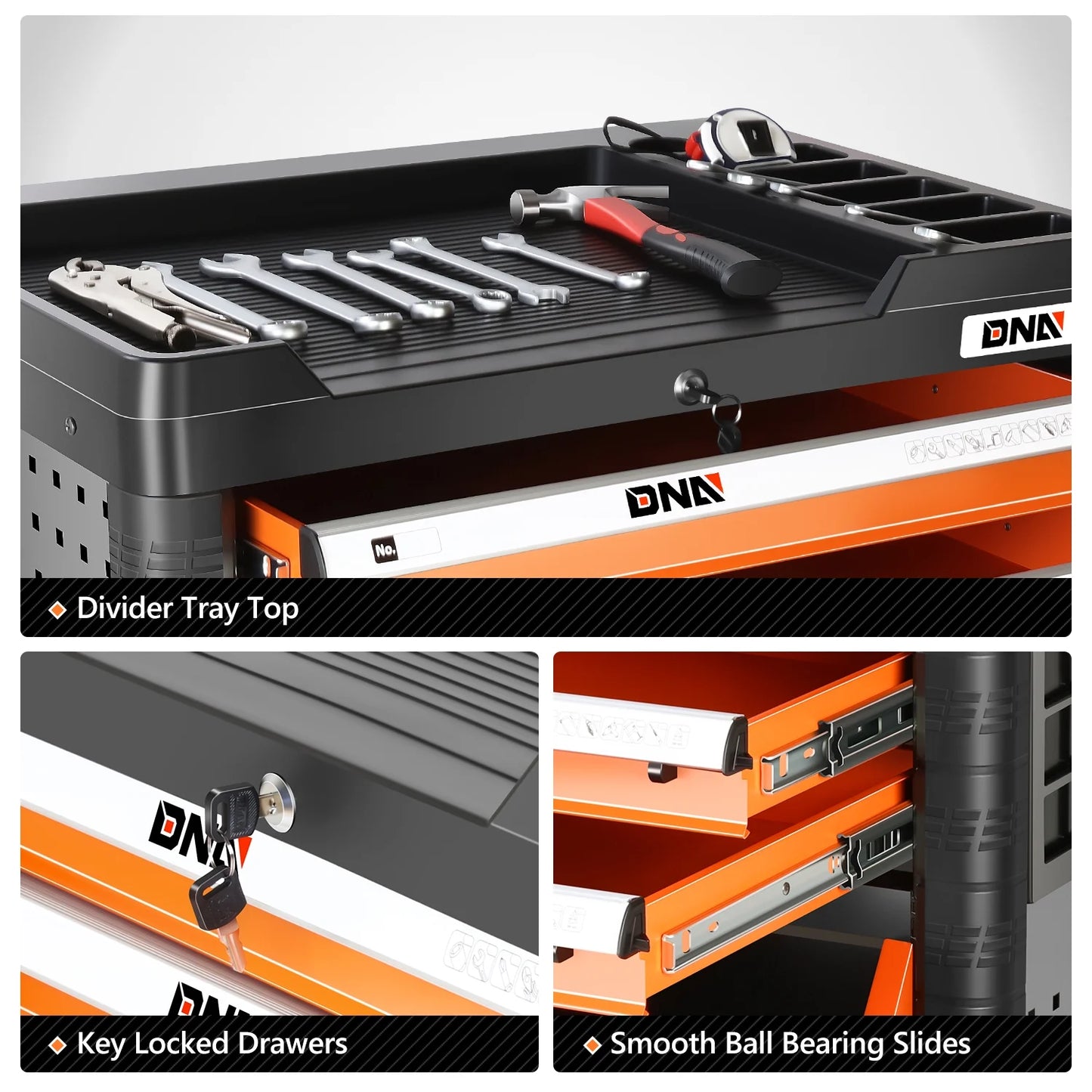 DNA Motoring TOOLS-00402 4 Drawer Garage Warehouse Workshop Divider Top Tray Rolling Cabinet Chest With Swivel Casters Orange