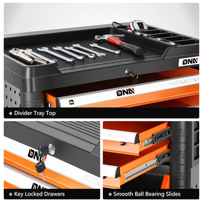 DNA Motoring TOOLS-00402 4 Drawer Garage Warehouse Workshop Divider Top Tray Rolling Cabinet Chest With Swivel Casters Orange
